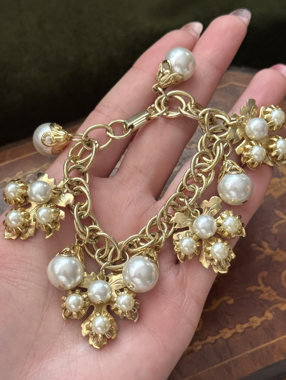 Vintage Faux Pearl Charm Bracelet Gold Tone